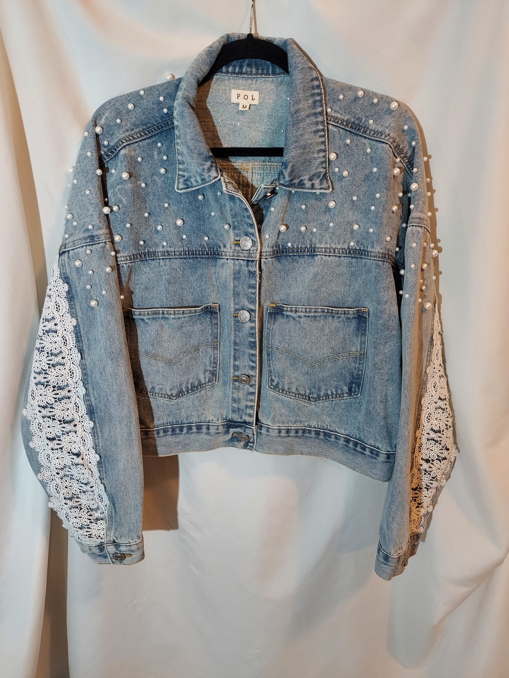 POL Corey Cotton Pearl Beaded & Crochet Lace Cropped Denim Jacket - Size M